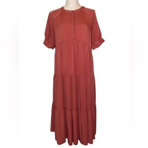 WAVERLY Midi Tiered Lightweight Dress Button Front in Burnt Orange Size Medium